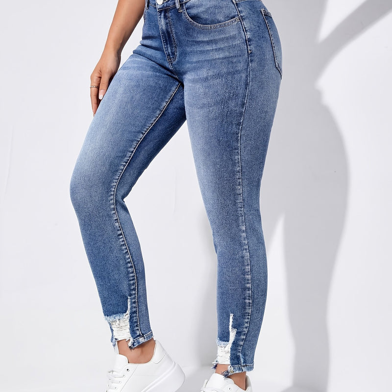 Women's Ripped Skinny Jeans with Frayed Edges.