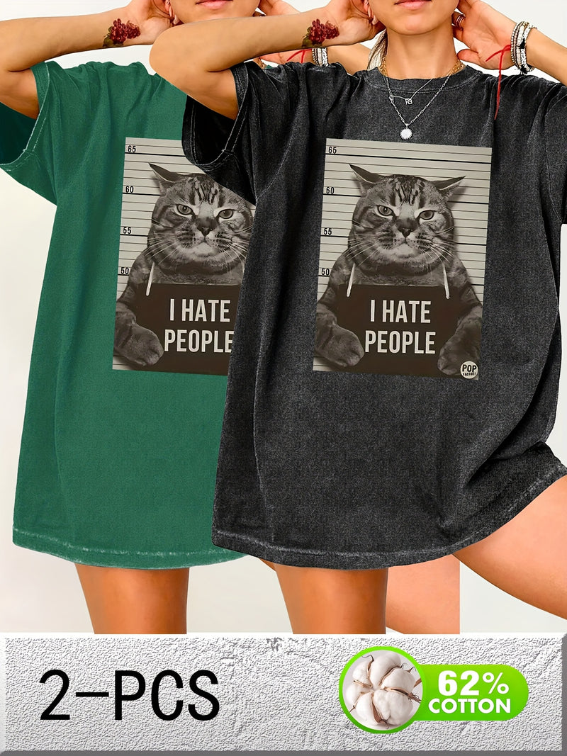 Cat Print Loose Round Neck Fashion Women's Wash Short Sleeve.