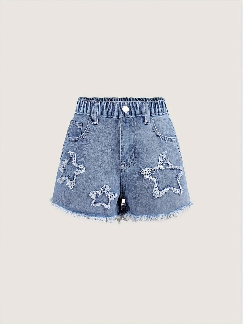 Girls' Denim Shorts - Spring/Summer New Arrival, Star Patch Design, Cute and Playful.