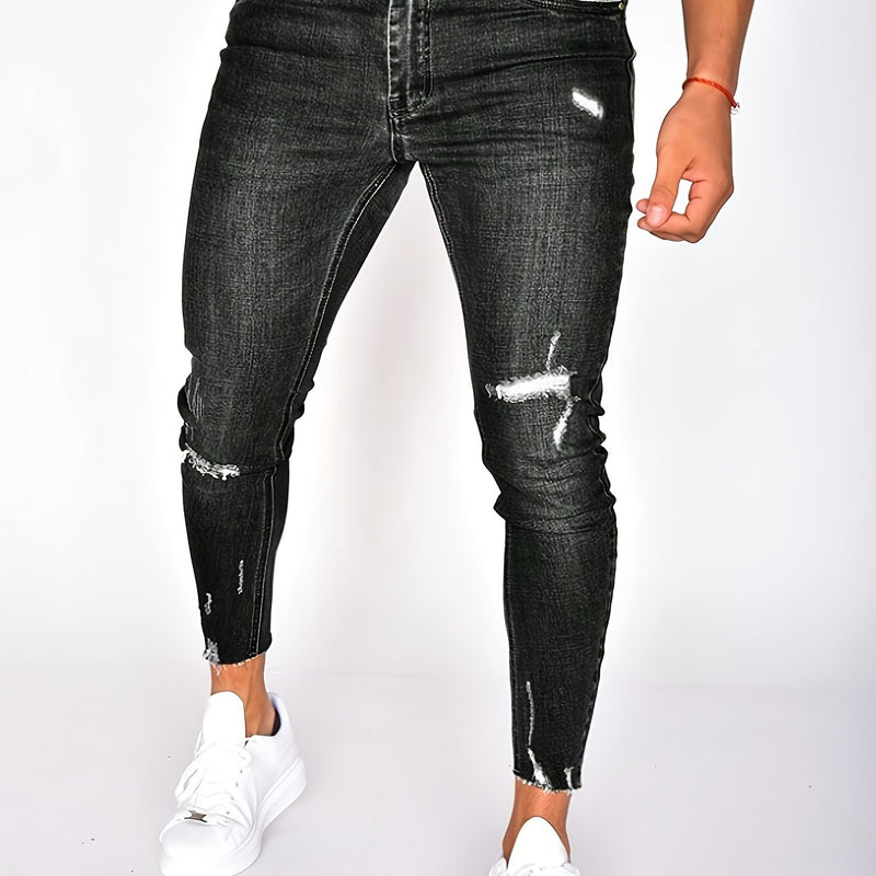 Men's Slim-Fit Jeans - Dark Washed Stretchy Denim with Distressed Details.