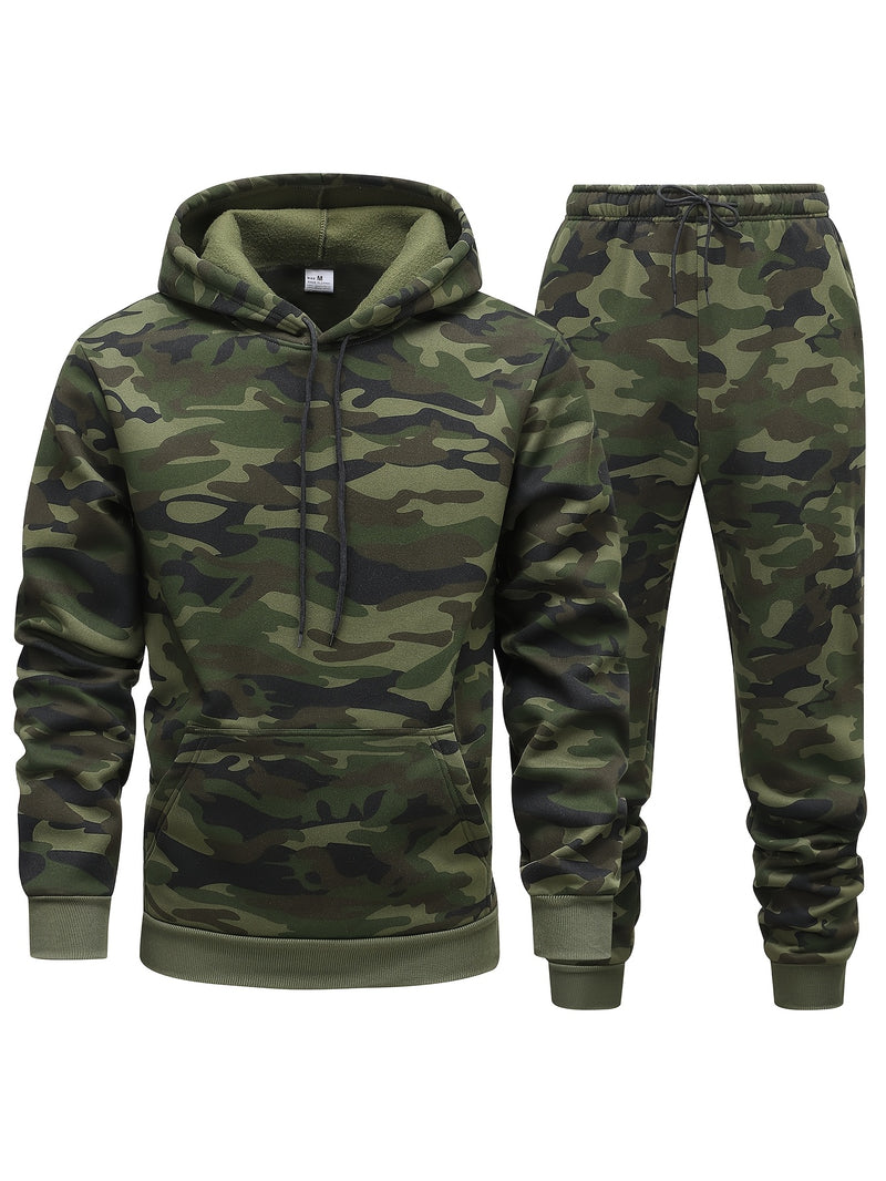 Men's Camouflage Print Hooded Sweatshirt and Jogger Set.