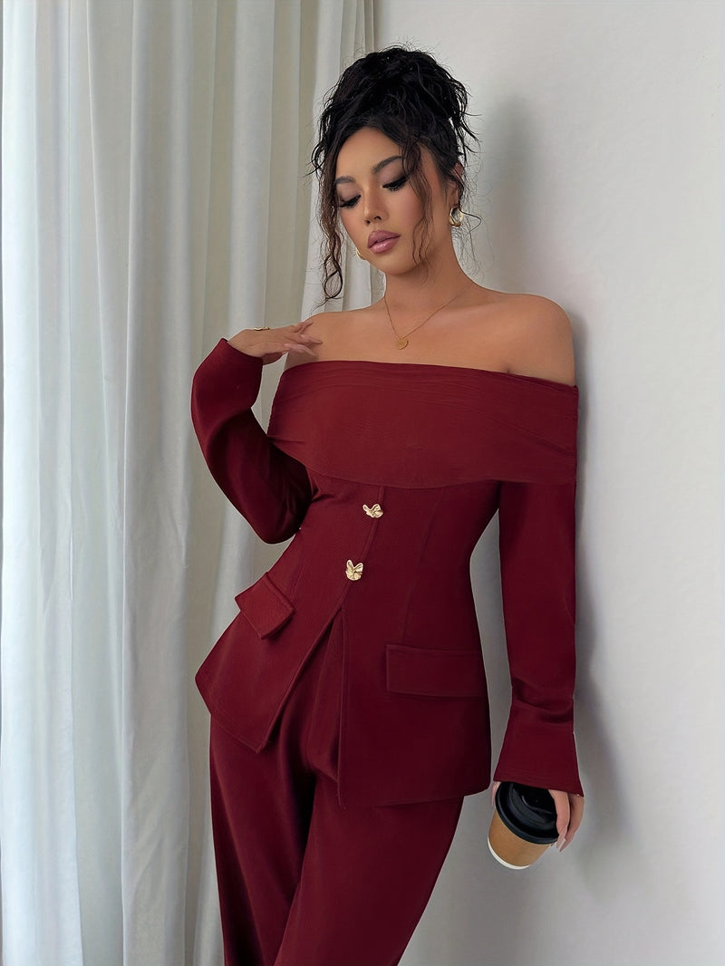 Women's Elegant Versatile Off-Shoulder Top with Mesh Panel Slim Fit Waist Zipper.