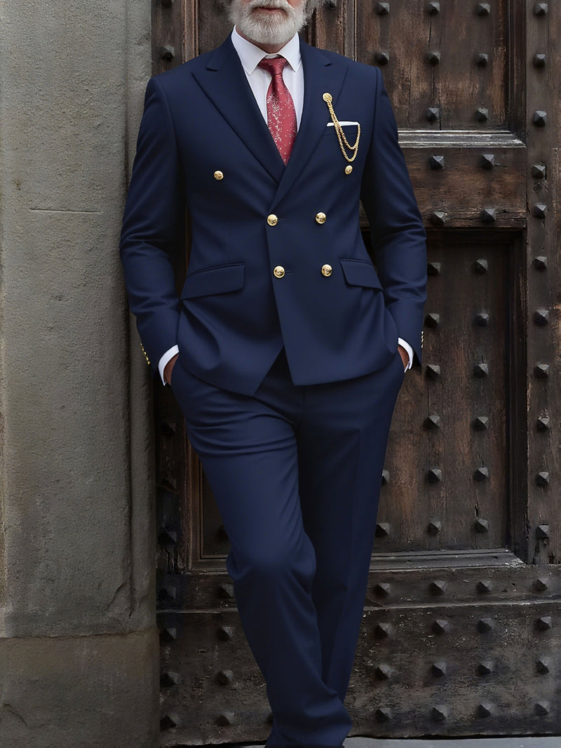 Men's 2pcs Suit, Double-Breasted Notch Lapel Solid Color Blazer and Pants Set.