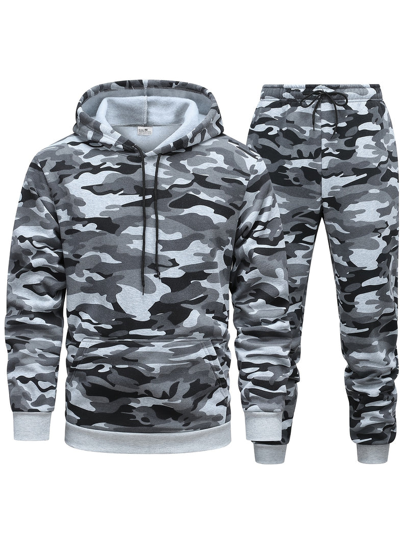 Men's Camouflage Print Hooded Sweatshirt and Jogger Set.