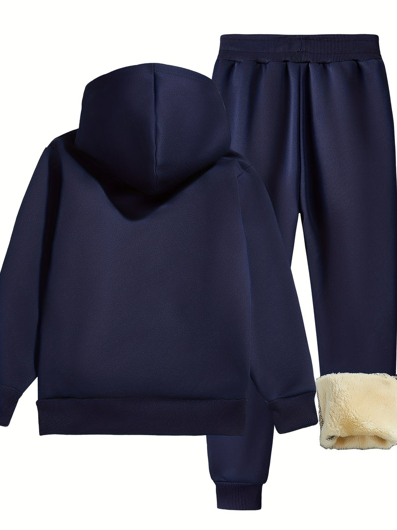 Boys Thick Plush-Lined Zip-Up Jacket + Pants Set.