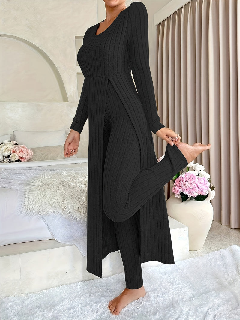2pcs Women's Designer Round Neck Split Long Sleeve Top and Pants.