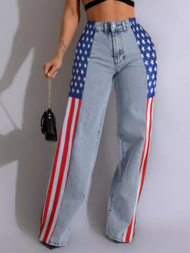 Women's High-Waisted Straight Wide Leg Jeans with American Flag Design.