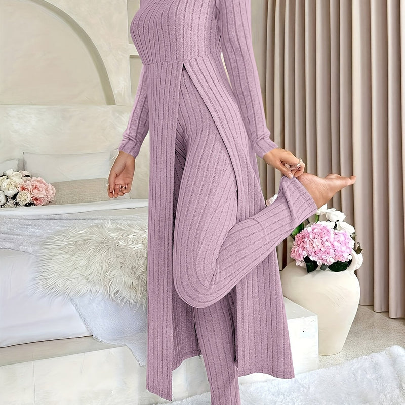 2pcs Women's Designer Round Neck Split Long Sleeve Top and Pants.