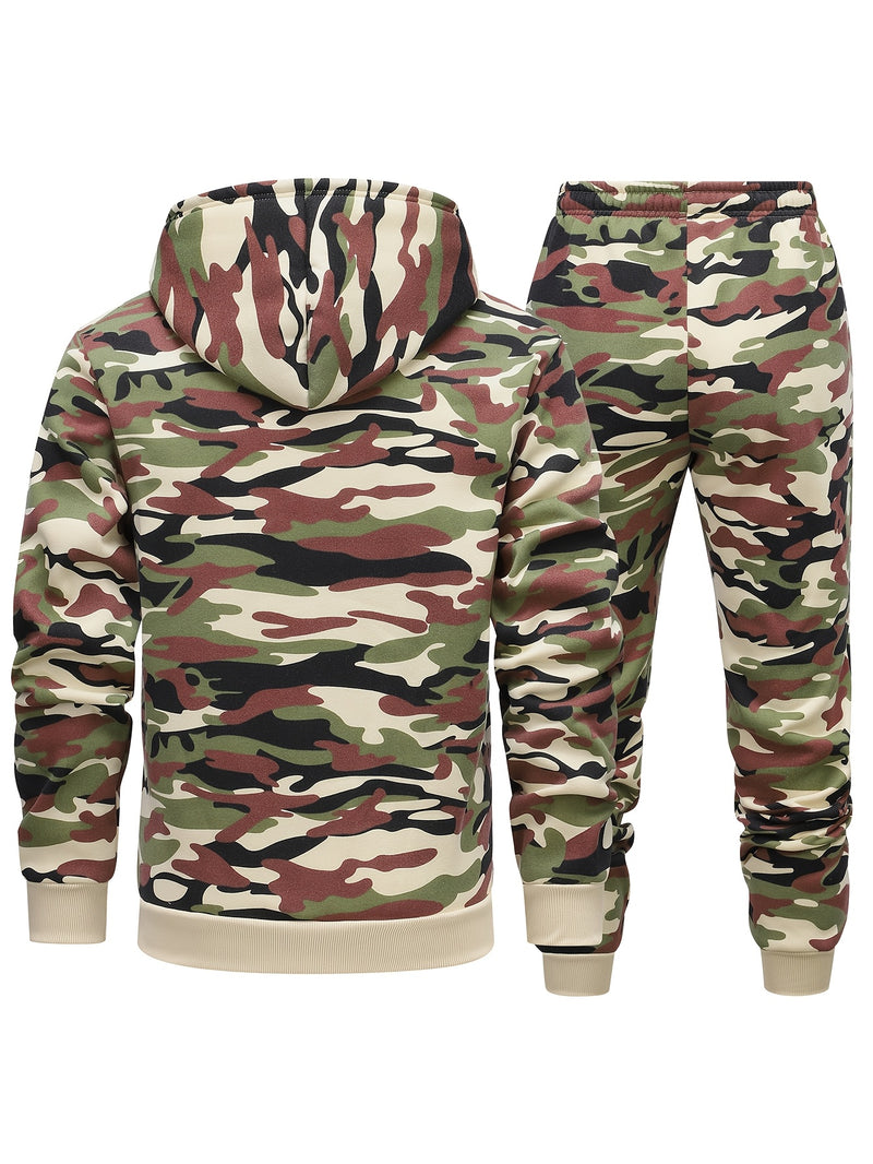 Men's Camouflage Print Hooded Sweatshirt and Jogger Set.
