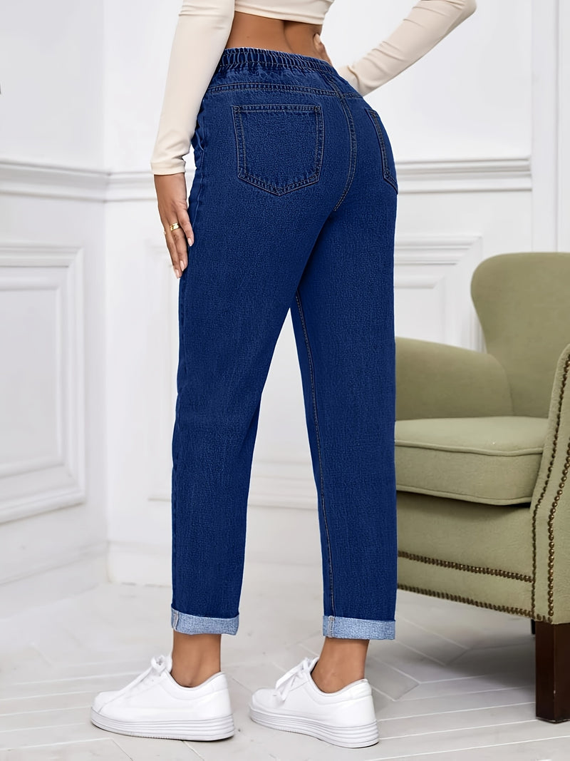 Women's Ankle-Length Pants with Rolled Cuffs, Stretchy Elastic Denim Jeans.