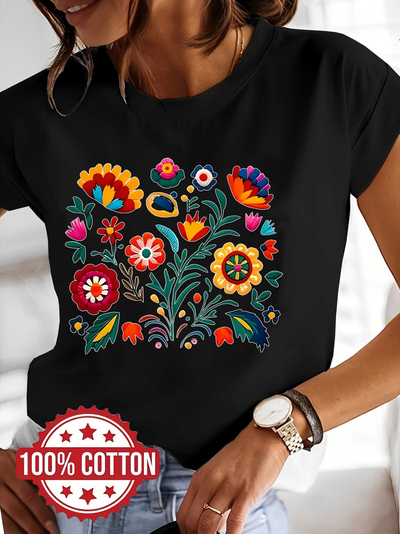 Women’s Casual Short-Sleeve T-Shirt with a Floral Graphic Print.