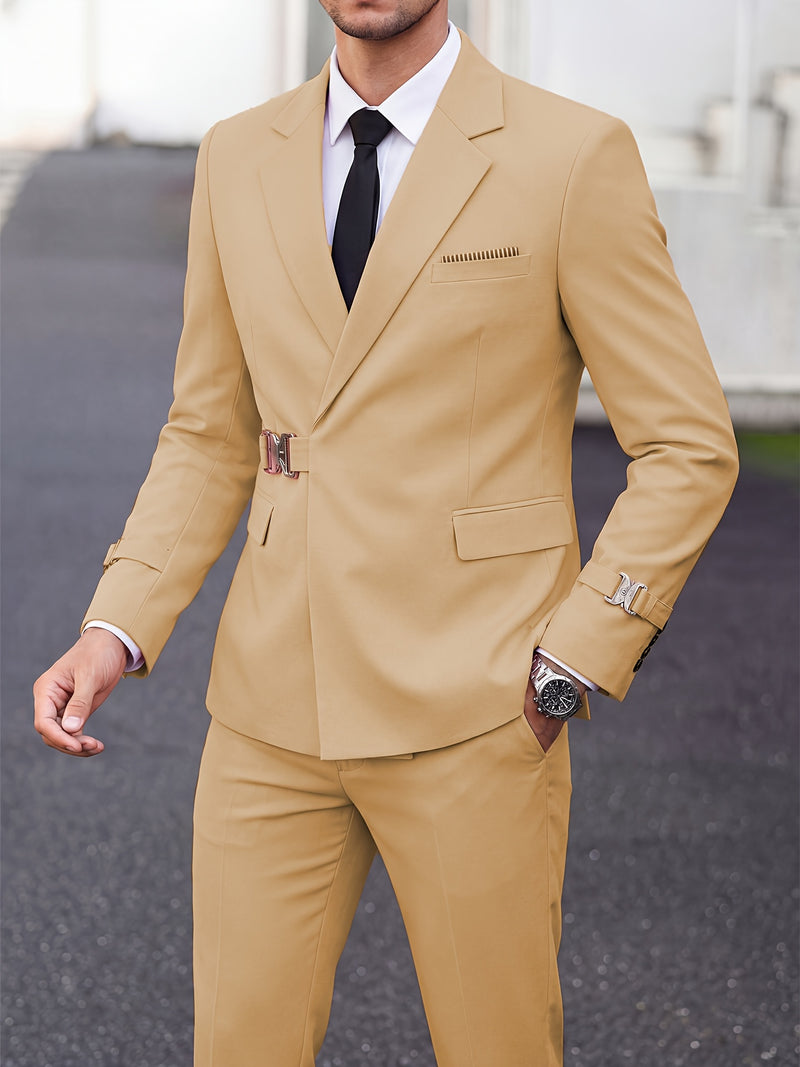 Men's 2pcs Suit Slim Fit Solid Jacket and Pants Set.