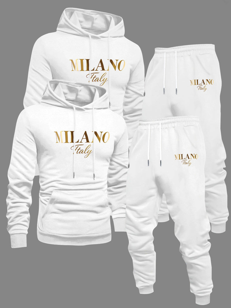 Men's Fashion Slogan Hoodie Four-Piece Set with Drawstring Elastic.