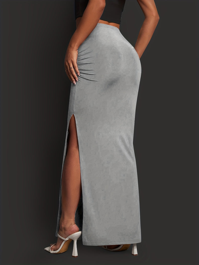 Elegant Ruched Split Thigh Maxi Skirt For Spring & Summer.