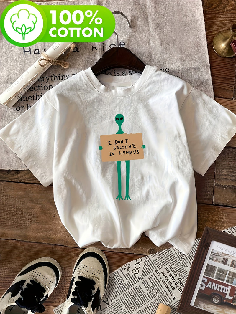 Women's Alien & "I Don't Believe in Humans" Slogan T-Shirt.