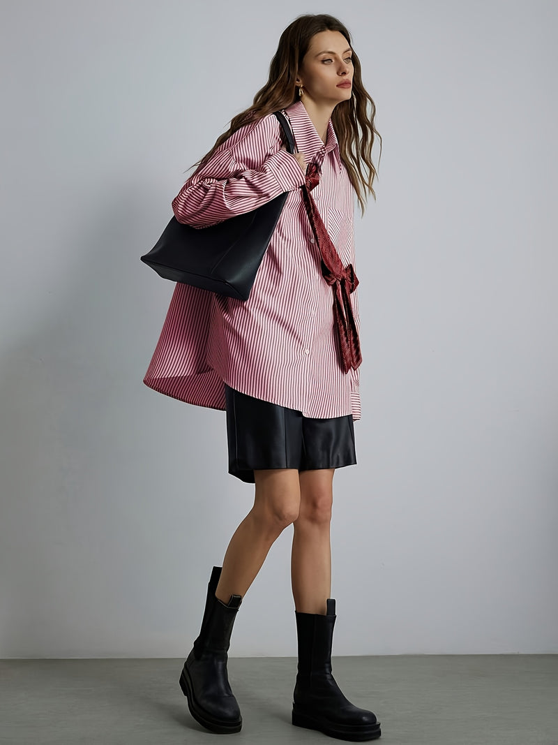 Women's Striped Button- Shirt with Collar & Bow Accent.