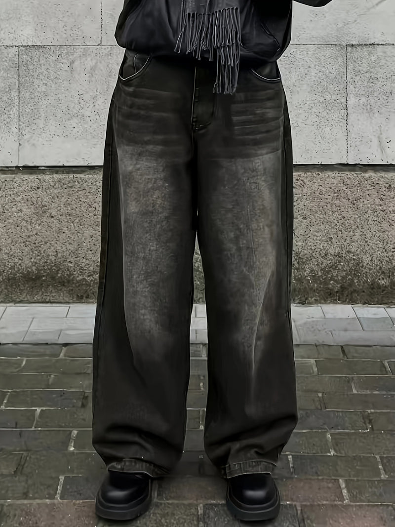 Men's Black Wide-Leg Loose-Fitting Jeans That Drag on The Ground.