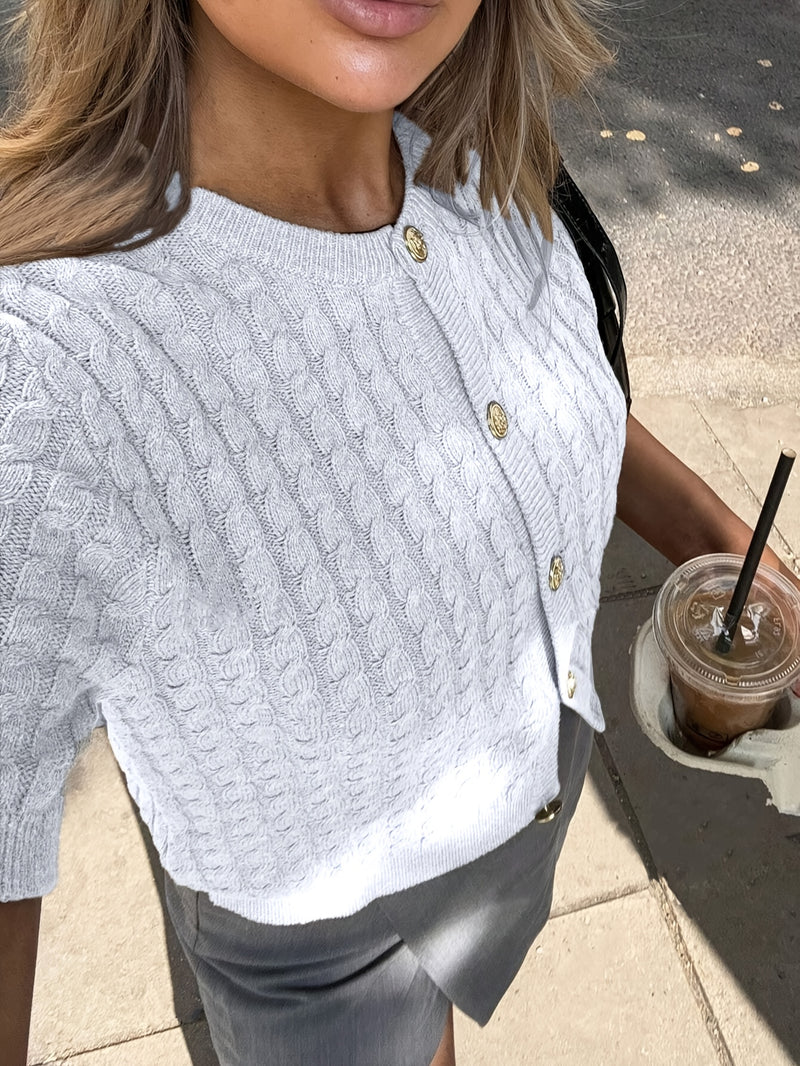 Women's Button-Front Solid Color Cable Blouse.