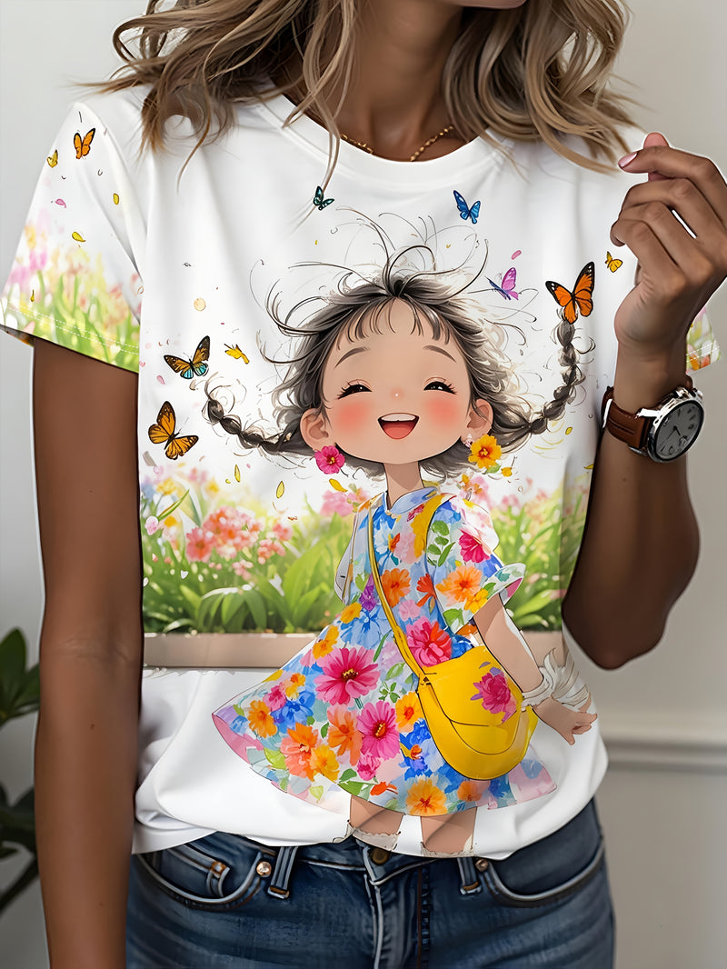 Women's Elegant Cartoon Print T-Shirt.
