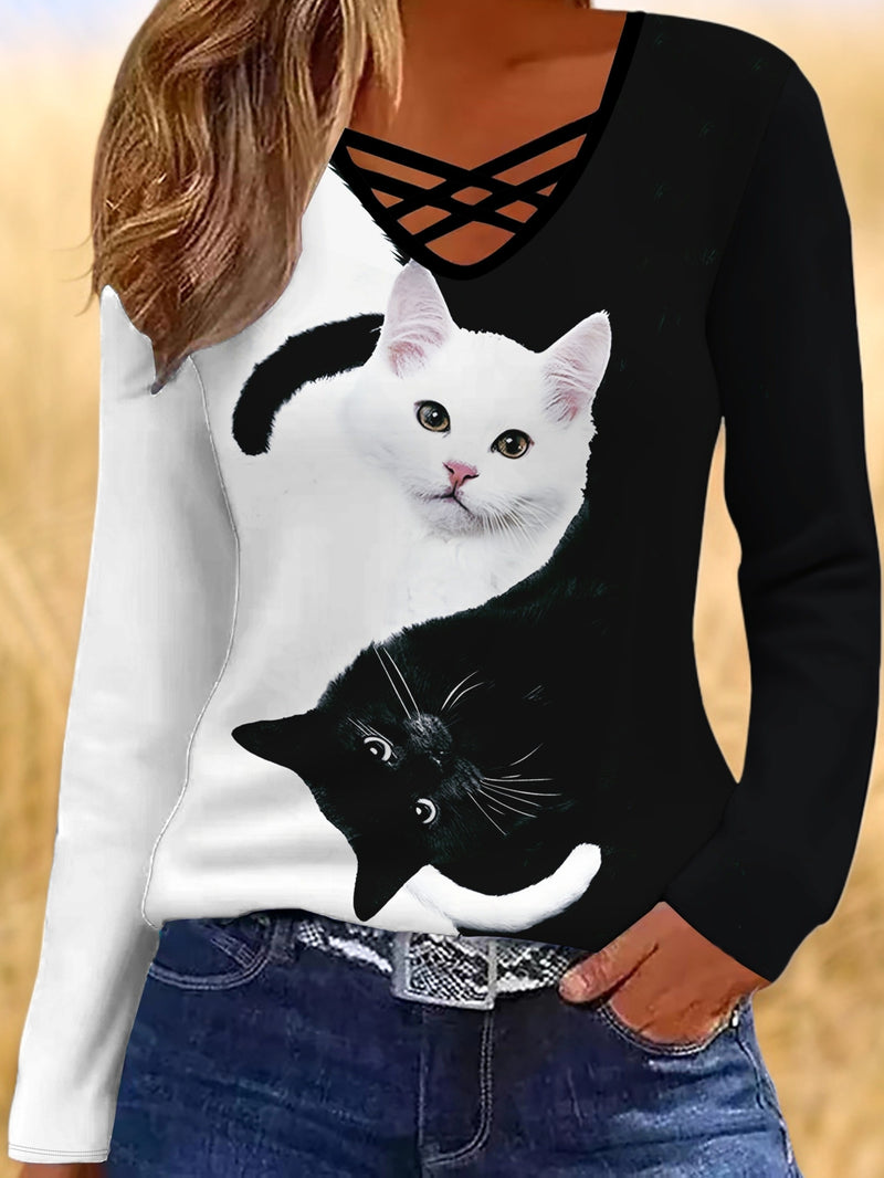 Elegant Women's V-Neck Cross Strap Printed Long Sleeve T-Shirt.