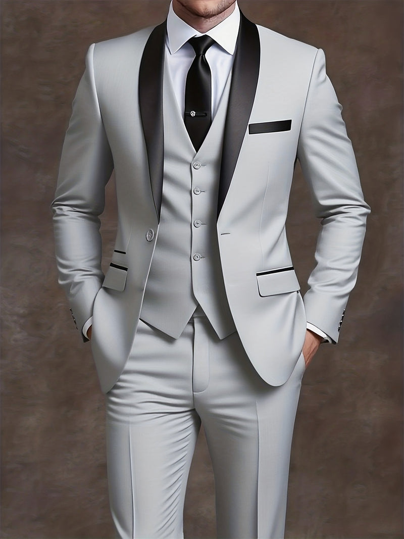 Men's 3pcs Suit with Notch Lapel, Business Formal Set, Includes Jacket.