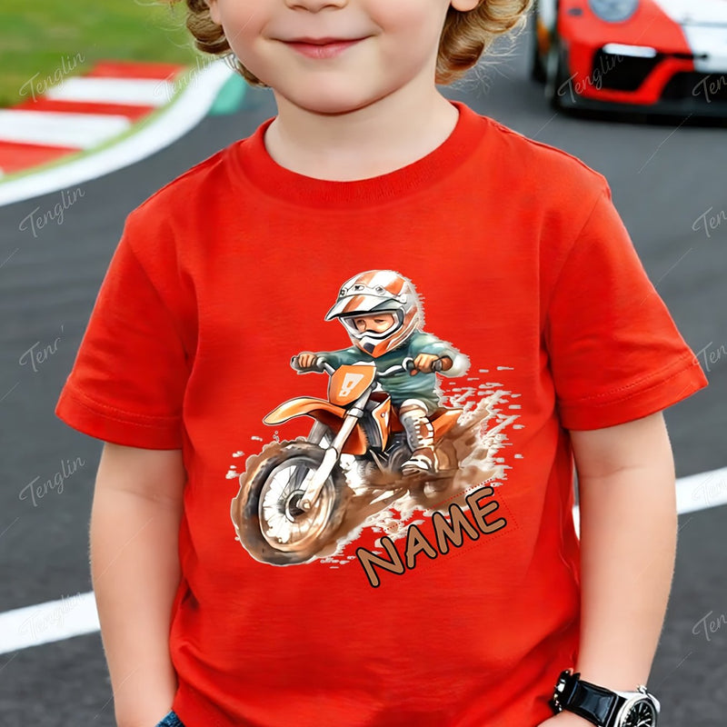 Custom Motorcycle Print Short Sleeve T-Shirt for Boys and Girls.
