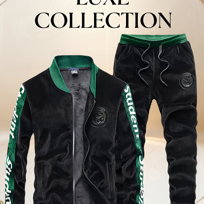 Student Fashion Velvet Sports Suit Men Premium Plush Casual Jacket Pants 2pcs.