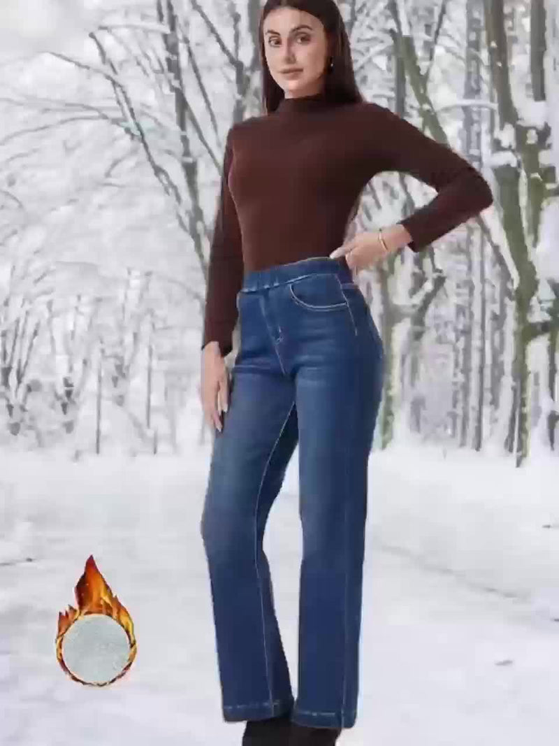 Autumn/Winter New Elastic Waistband Plush-Lined Straight-Leg Jeans for Women.