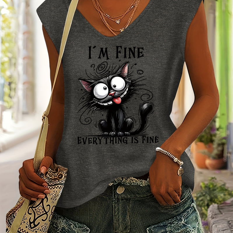 Women’s Cute Cat Print Rayon V-Neck Short Sleeve T-Shirt.