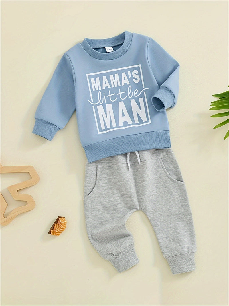 Baby Boy's Sweatshirt And Pants Set with 'Mom'S Little Man Print.