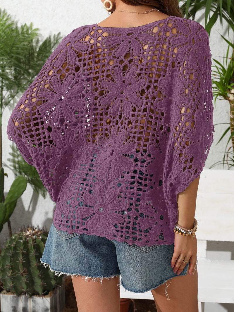 Women's Openwork Sweater - Sun Shield Cover-Up Blouse.