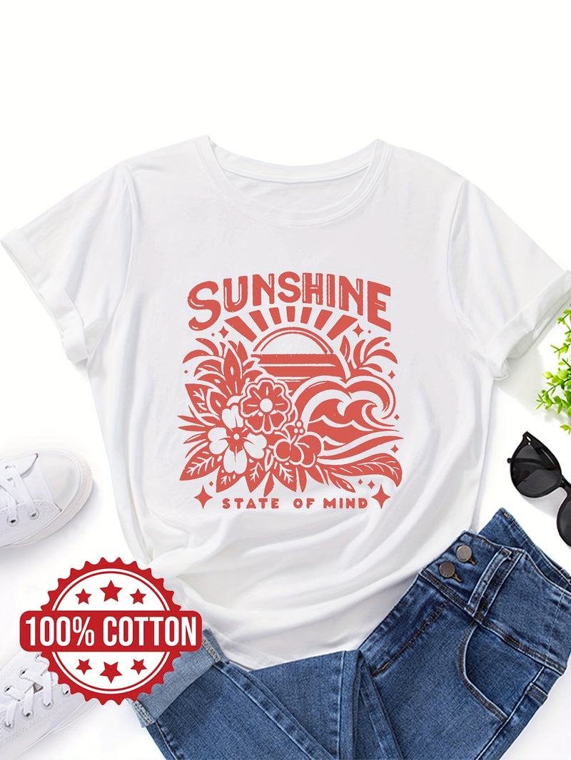 Women's Casual Crew Neck T-Shirt with "SUNSHINE" Graphic Print.