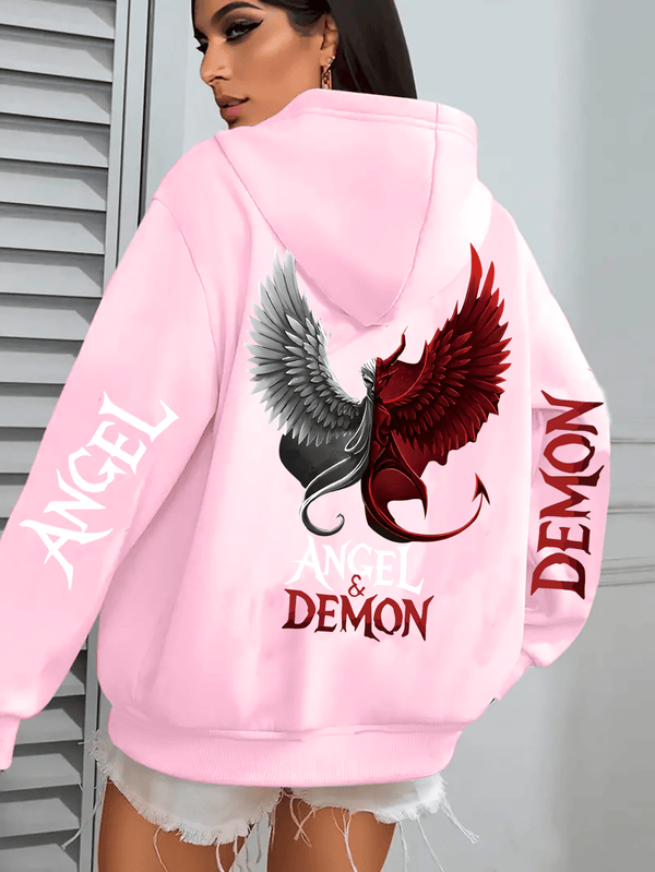 Hooded Sweatshirt with Angel and Demon Print.