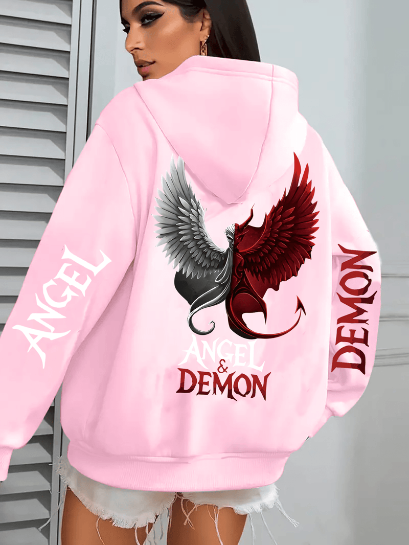 Hooded Sweatshirt with Angel and Demon Print.