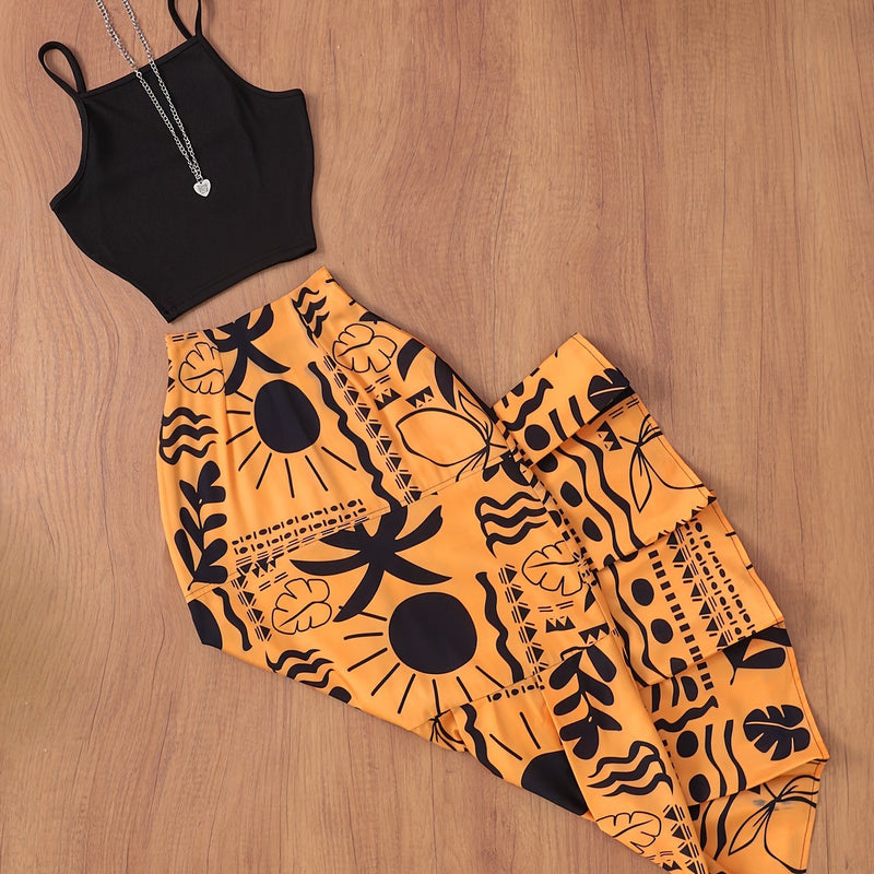 Women's Tank Top And Beach Vacation Style Printed Pants Set.