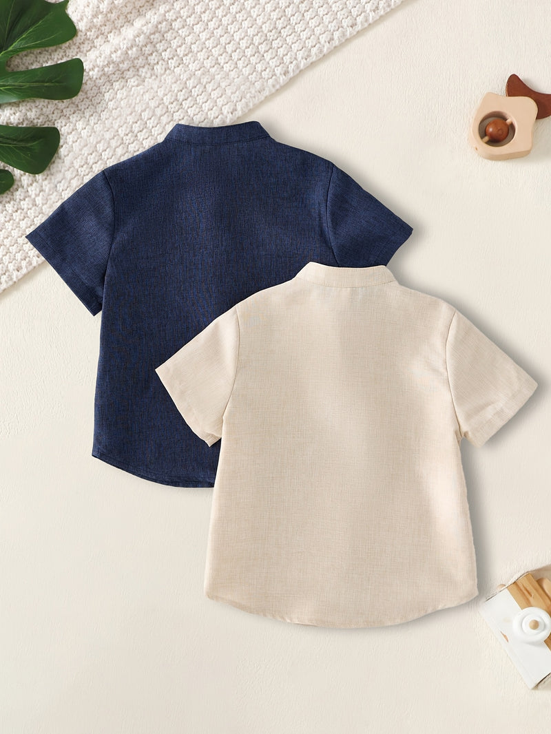2pcs Boys Summer Stand Collar Short Sleeve Shirts.