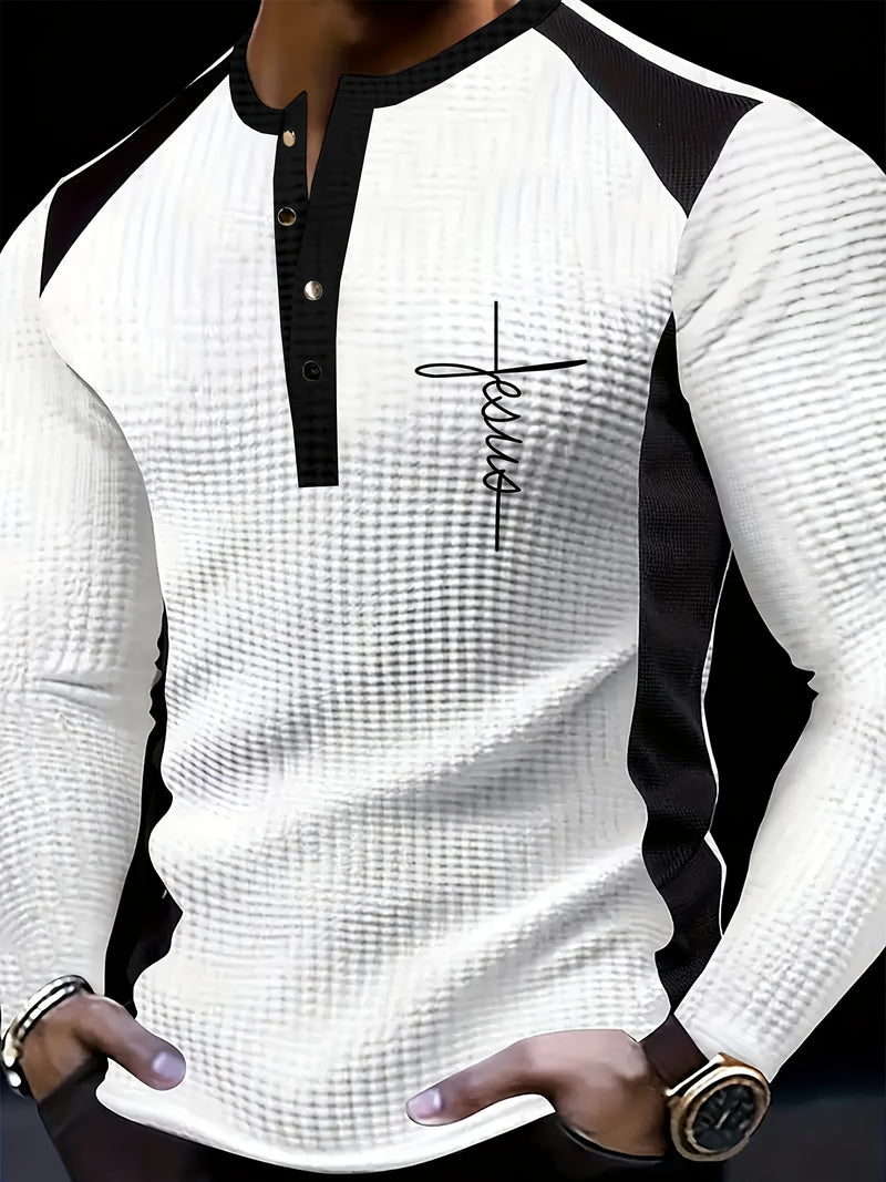 Men's Fashion Waffle Knit Color Block Button-Up Long Sleeve.