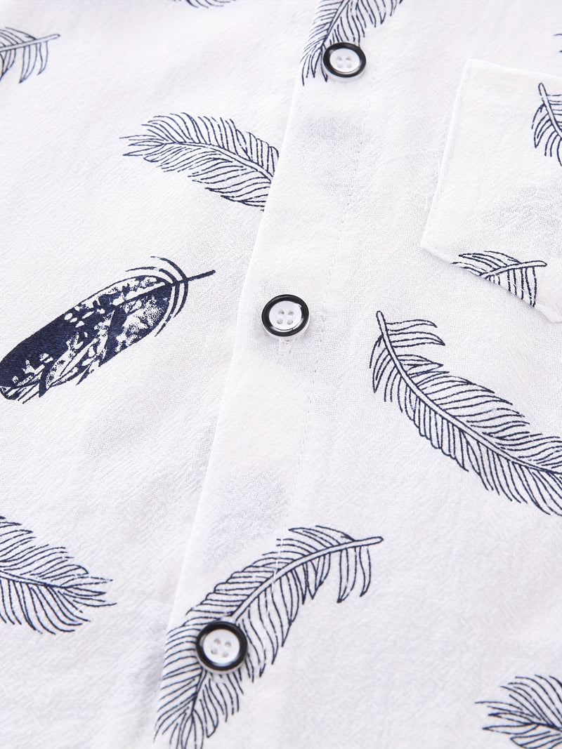 2pcs Boys' Casual Feather Shirt and Shorts Set Vibrant Yellow with Blue Accents.