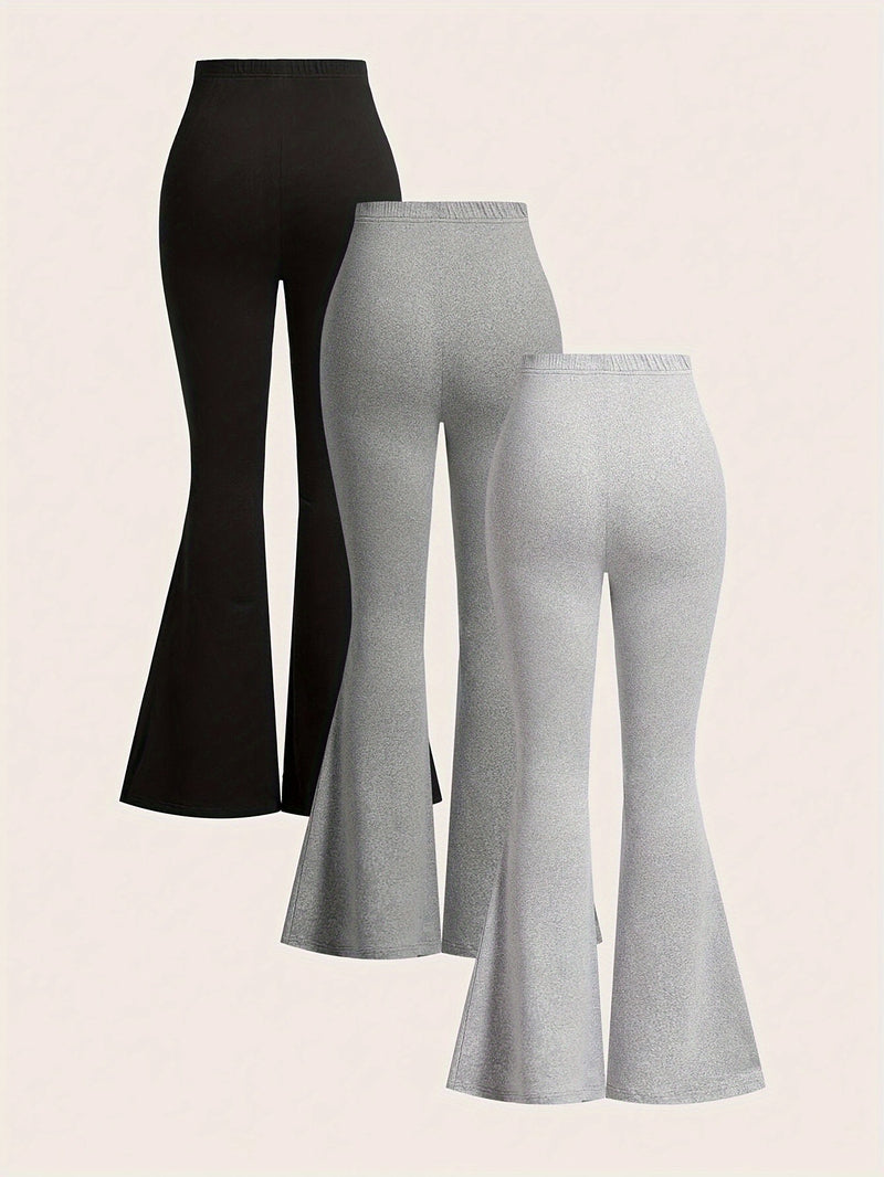 A Three-Piece Women's Solid Color High-Waisted Fitted Flared Pants Set.