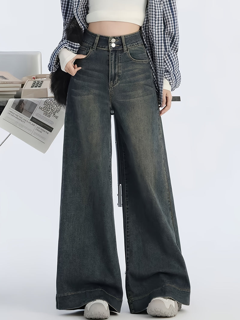Double Button Jeans - Women's Low-Rise Wide Leg Denim.