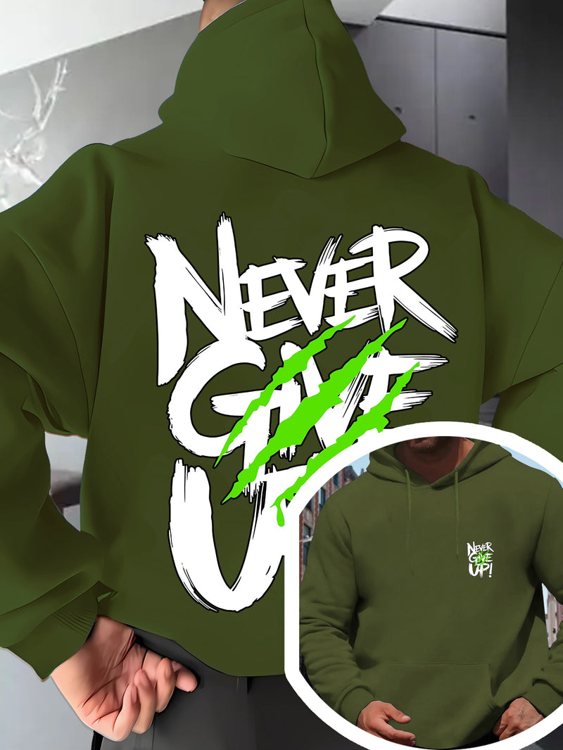 Men's Red Hoodie with "Never Give Up" Print.