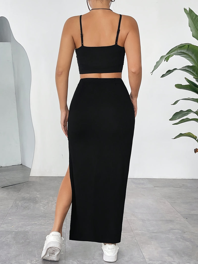 Women's Stylish Solid Color Camisole And Split Skirt Set, Party Evening Wear.