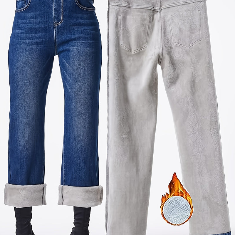 Autumn/Winter New Elastic Waistband Plush-Lined Straight-Leg Jeans for Women.