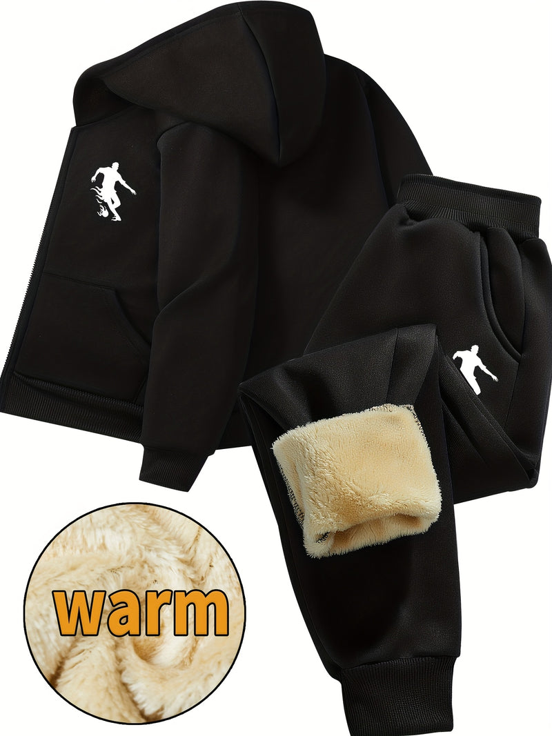 Boys Thick Plush-Lined Zip-Up Jacket + Pants Set.