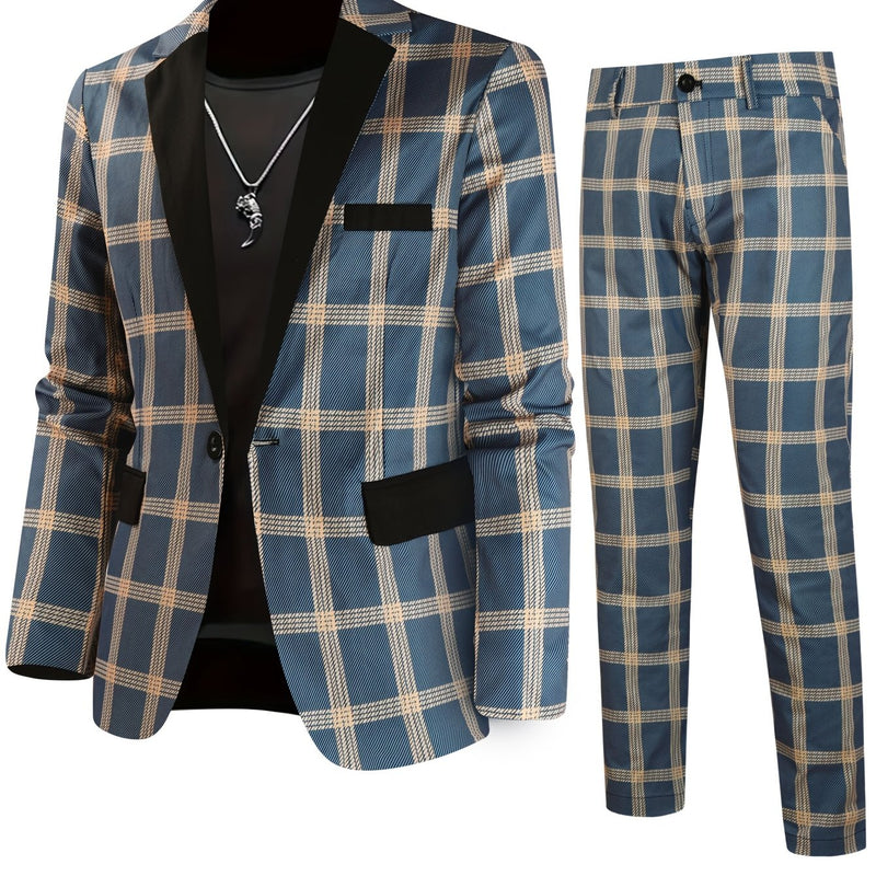 2pcs Men'S Casual Fashion Patchwork Plaid Suit | Non-Stretch Fabric.