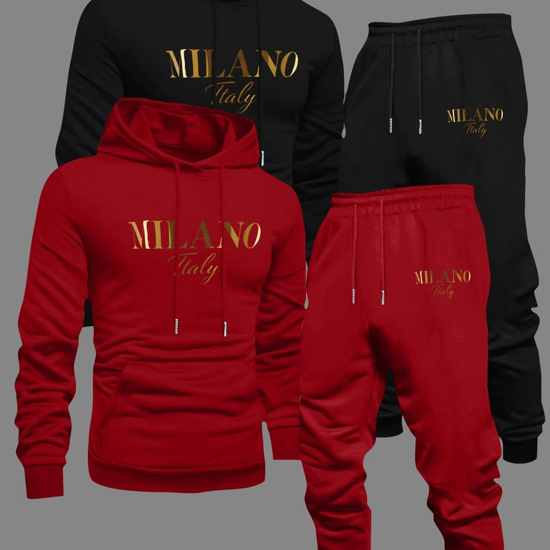 Men's Fashion Slogan Hoodie Four-Piece Set with Drawstring Elastic.