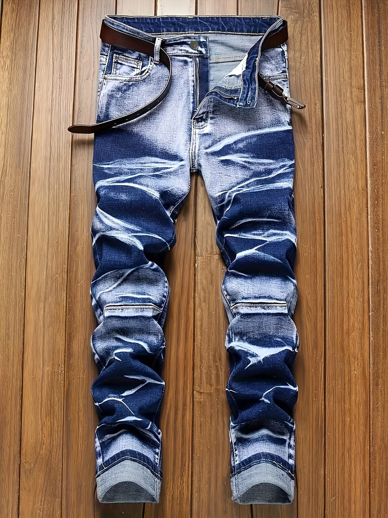 Men's Streetwear Brand Motorcycle Jeans with a Unique Wrinkled Design.
