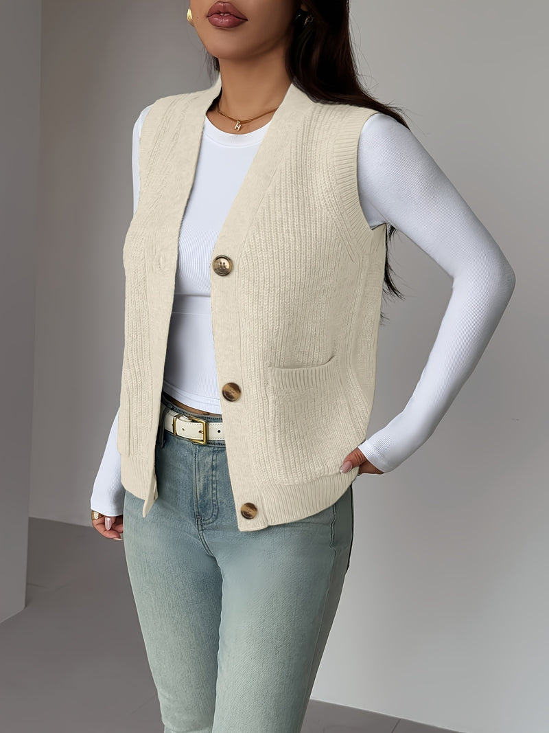 New Solid Color V-Neck Pocket Women's Sweater Vest.