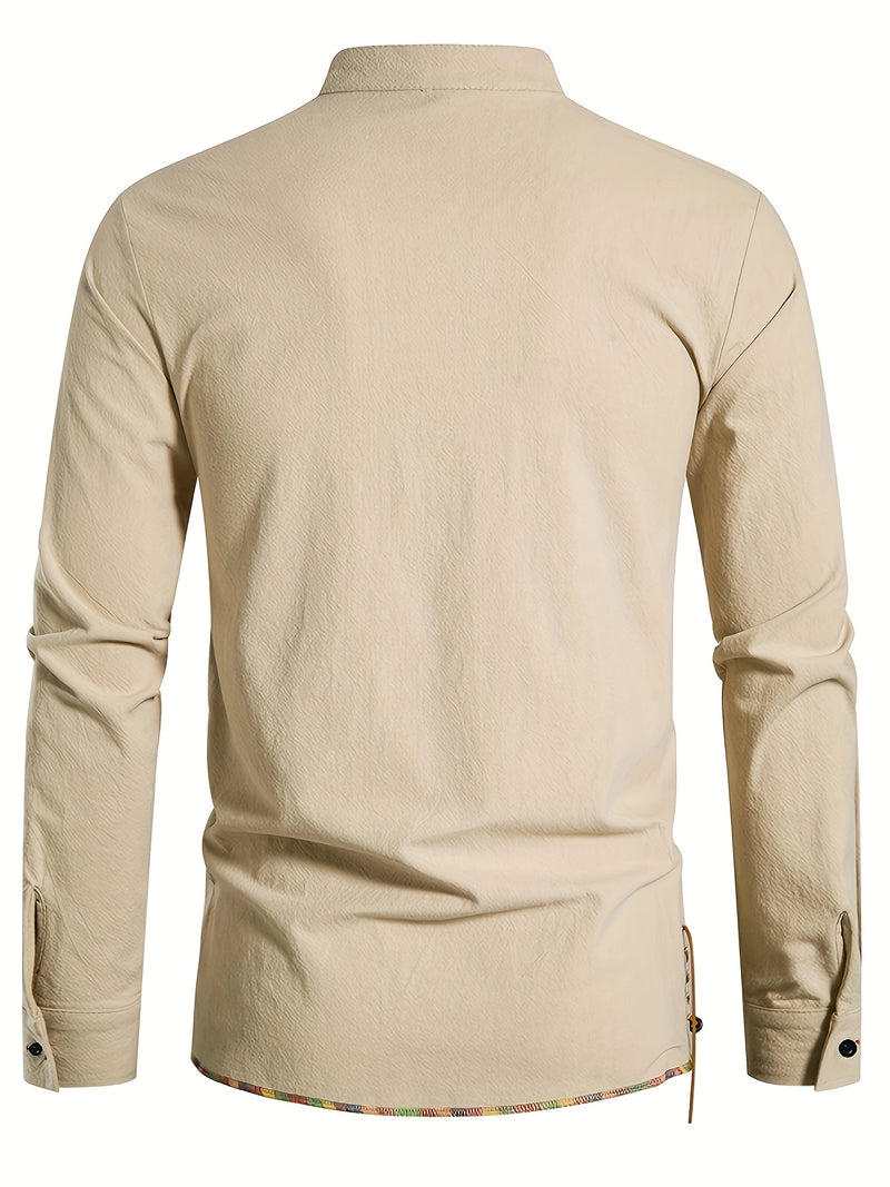 Men's Henley Shirt Long Sleeve Casual Beach Stand Collar Shirt.