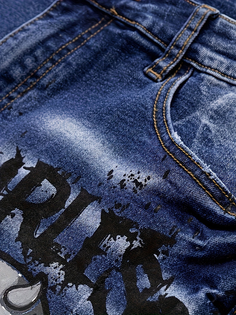 New European and American Vintage Print Ripped Jeans.